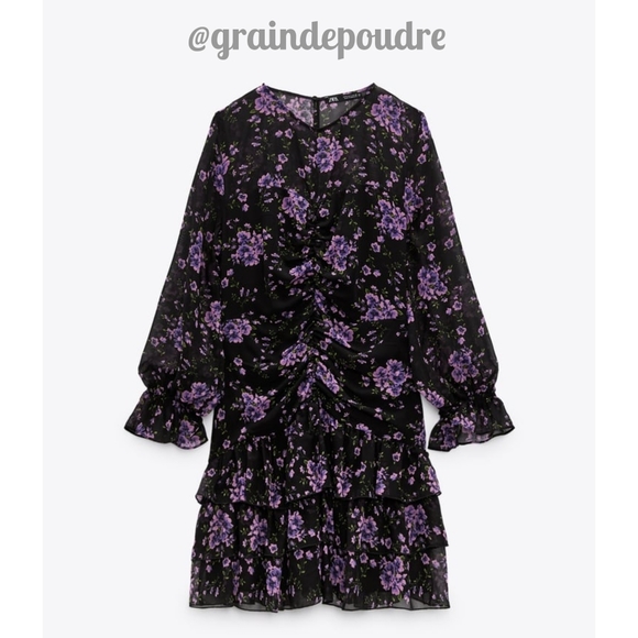 Rare! Zara Violet Floral Print Chiffon Gathered Ruffle Salsa Mini Dress S - Picture 4 of 7
